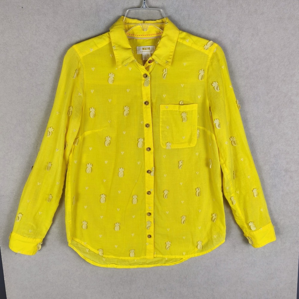 Maeve‎ Anthropologie Pineapple Embroidered Blouse Yellow Tropical Resort Size 2